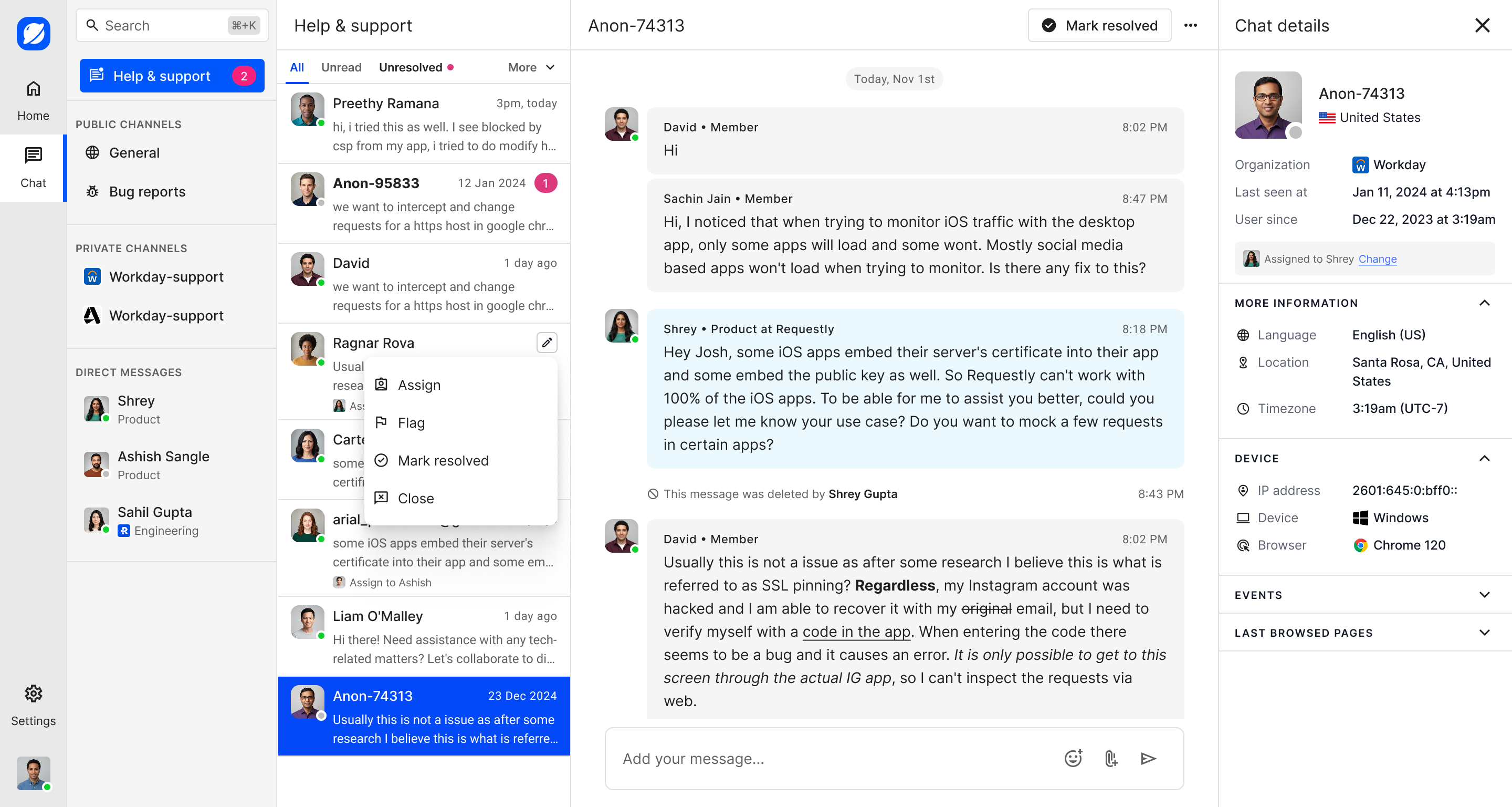 Conversation action menu with assign, flag, and resolve options